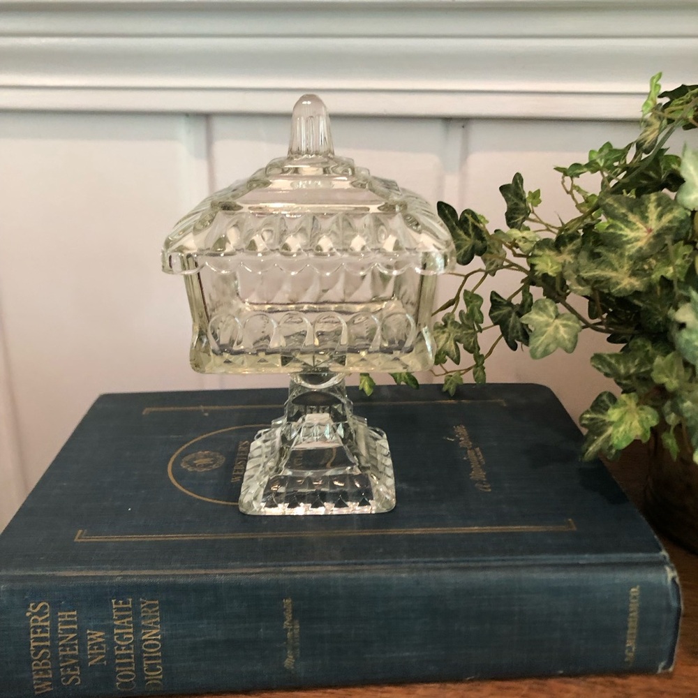 Vintage Clear Glass Wedding Box by Jeannette Covered Dish Square Pedestal